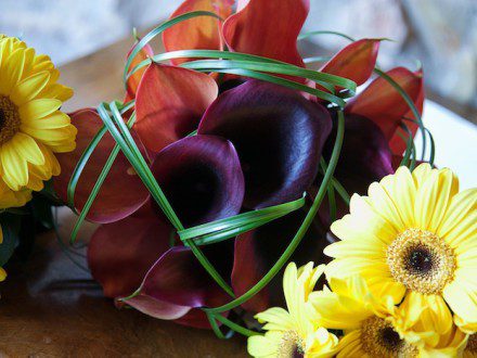 7 burgundy calla lillies and beargrass