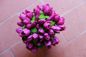 9 fucsia tulips and green santini