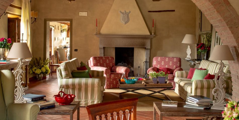 Chianti villa living room with fireplace