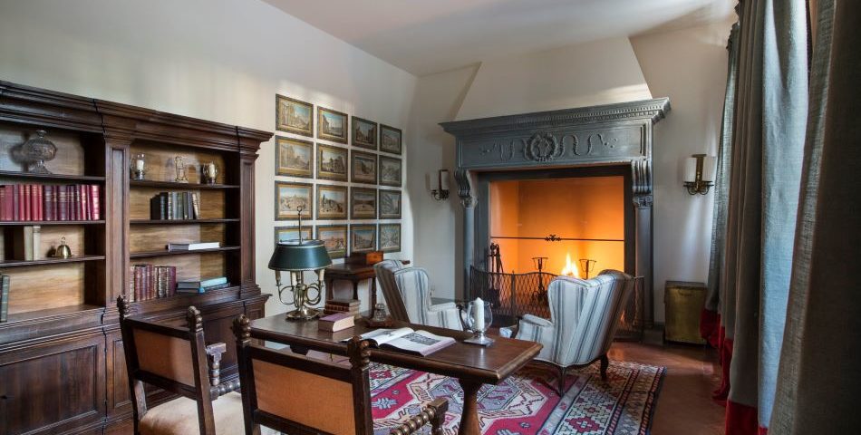 Reading room with fireplace