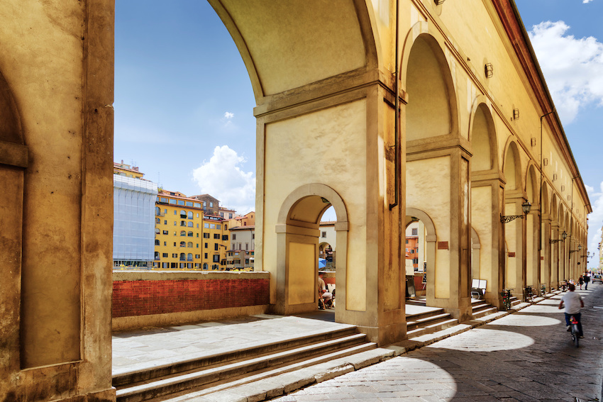 View of the Vasari Corridor in Florence, Tuscany, Italy