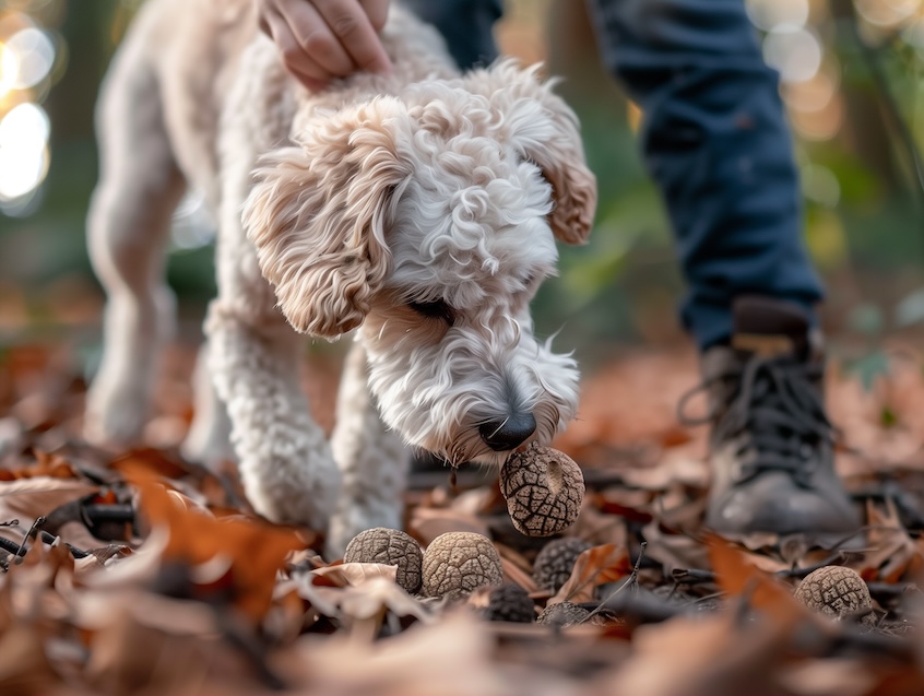 Dog in the woods / forest looking for truffles mushrooms